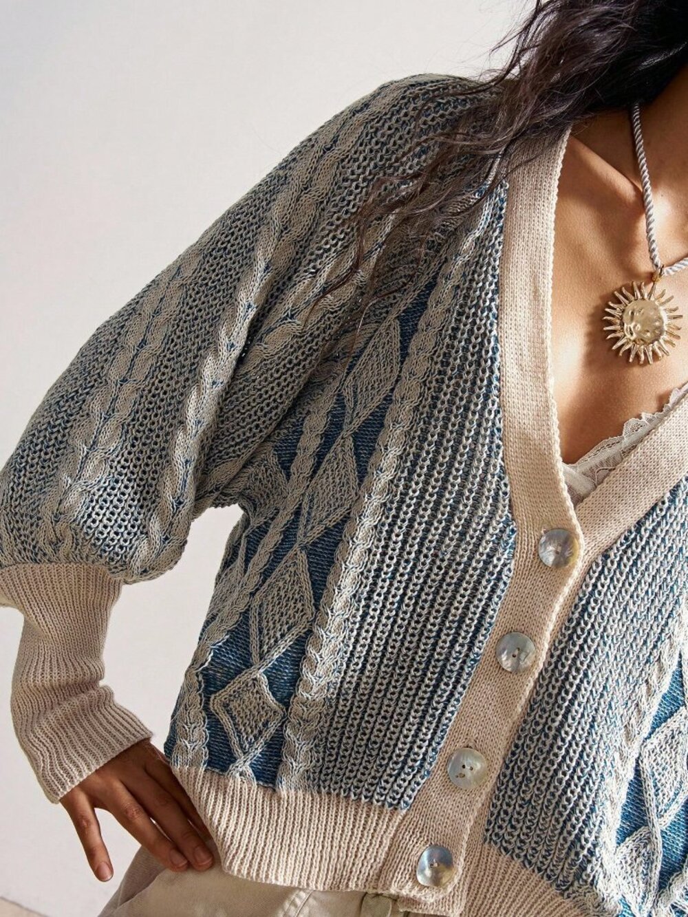 Blue Casual Women's Minimalist Lantern Sleeve Single-Breasted Knit Cardigan - Picture 4 of 8